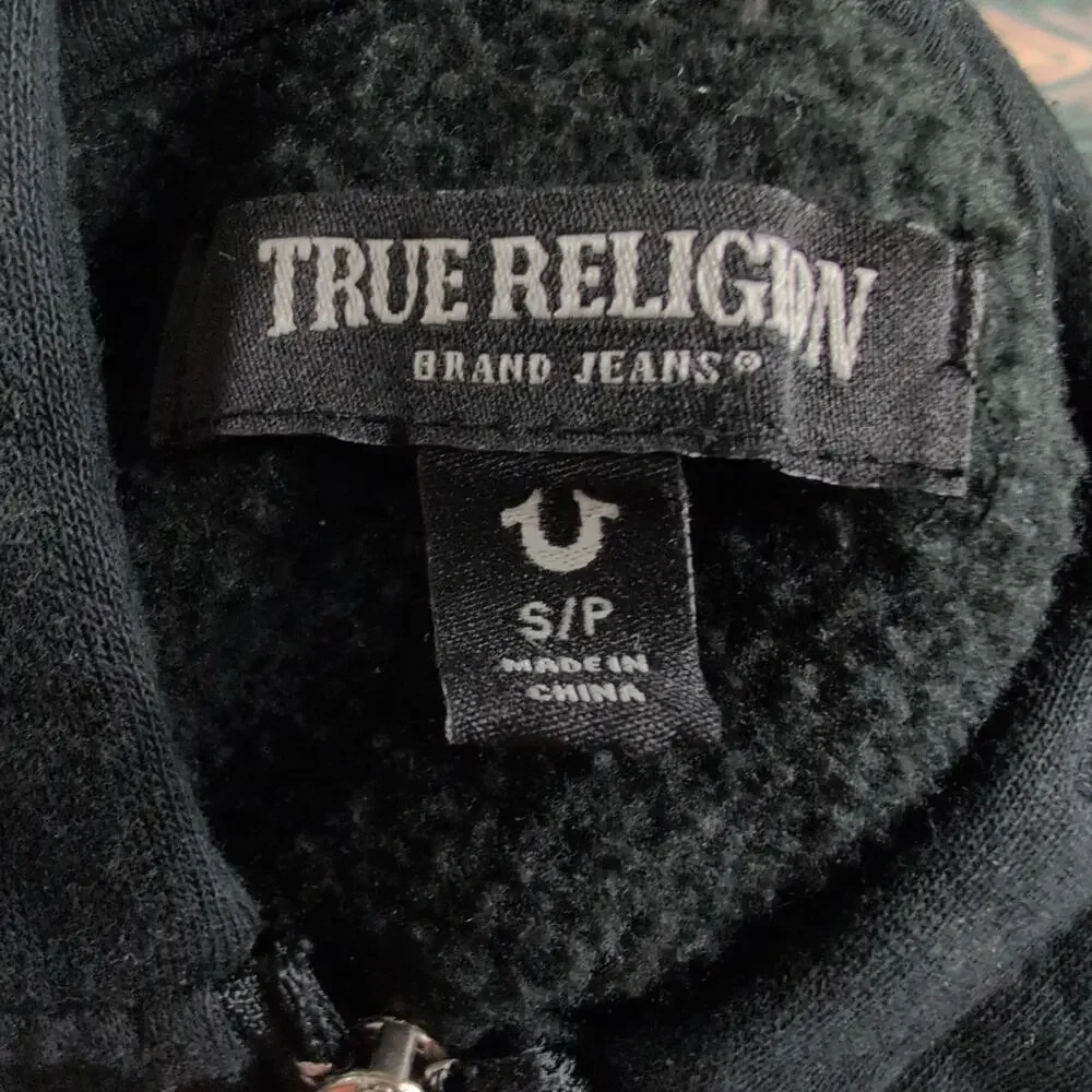 True Religion Hoodie Mens L Black Full Zip Fleece Buddha Graphic Sweatshirt